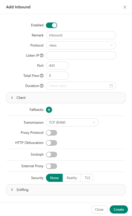 3x-ui Add Inbound 弹窗官方截图