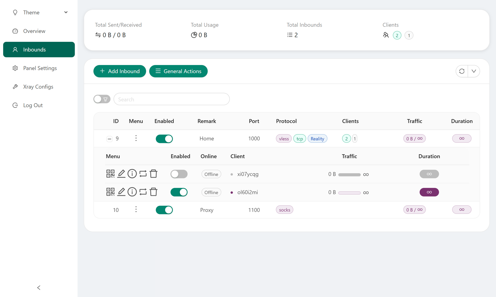 3x-ui Inbounds 页面官方截图