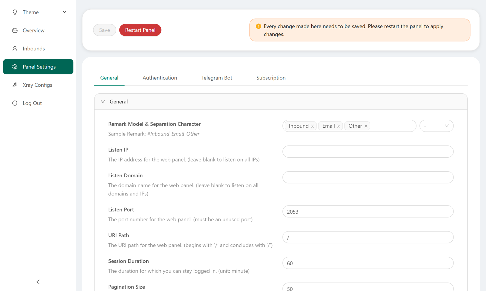 3x-ui Panel Settings 页面官方截图